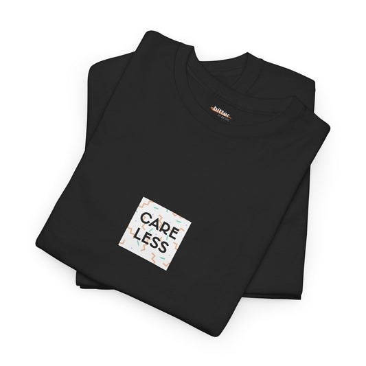 Folded black long-sleeve shirt with 'Care Less' patch on a white background