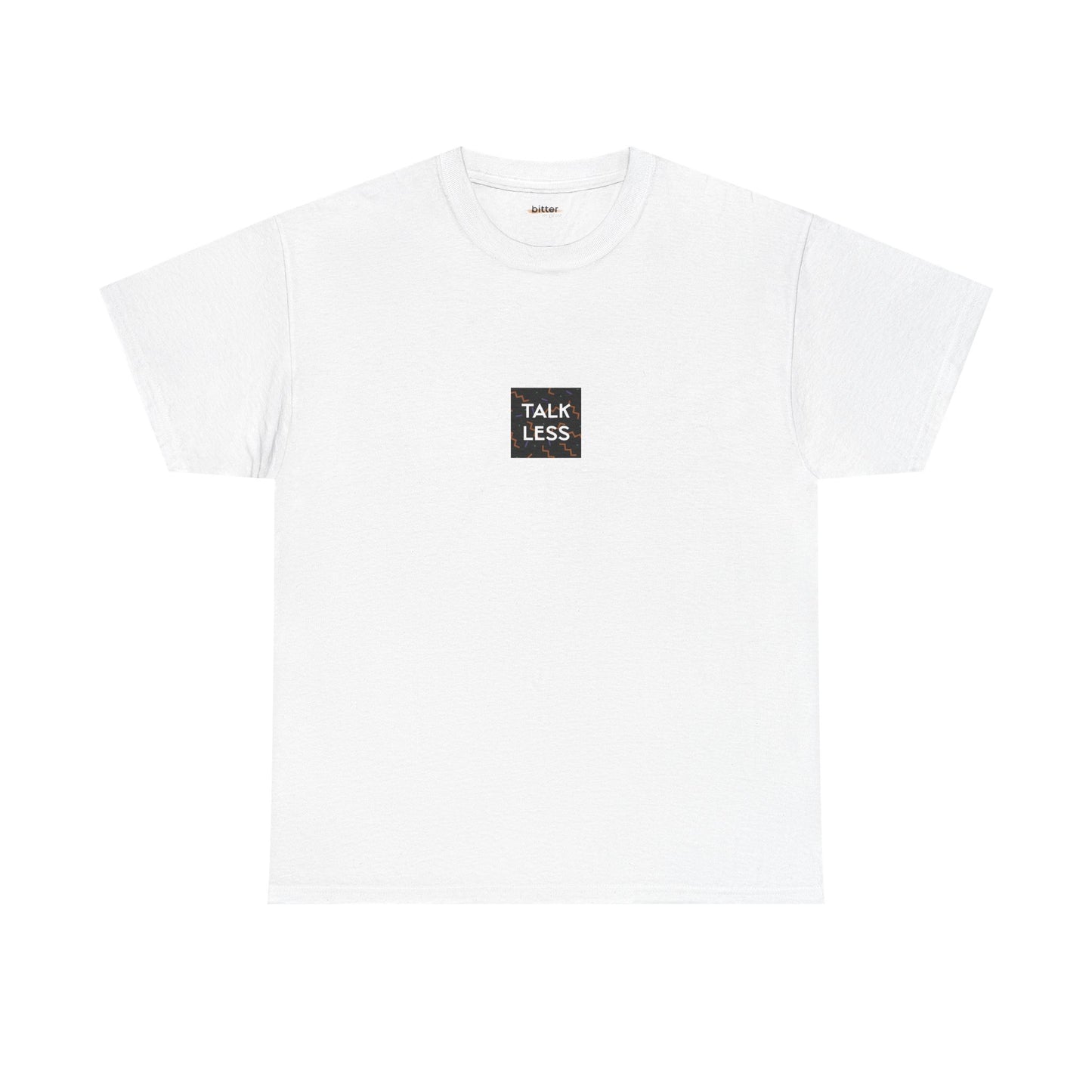 White t-shirt with a small black logo on a white background