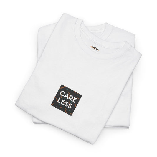 White t-shirt with 'Care Less' graphic and brand logo on a white background