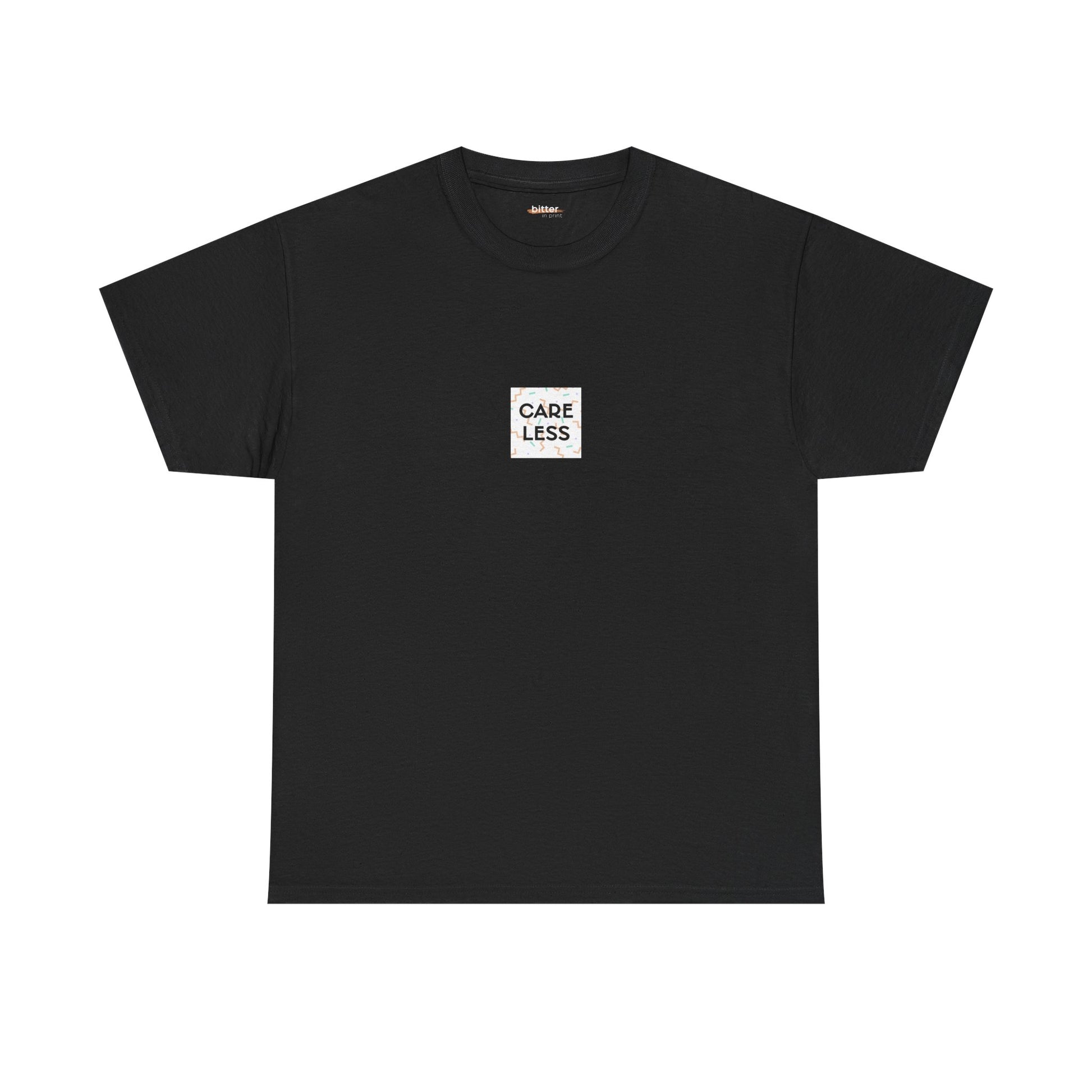 Black t-shirt with 'CARE LESS' logo on a white background