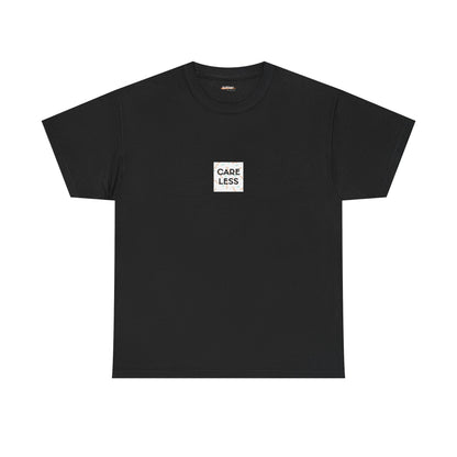 Black t-shirt with 'CARE LESS' logo on a white background