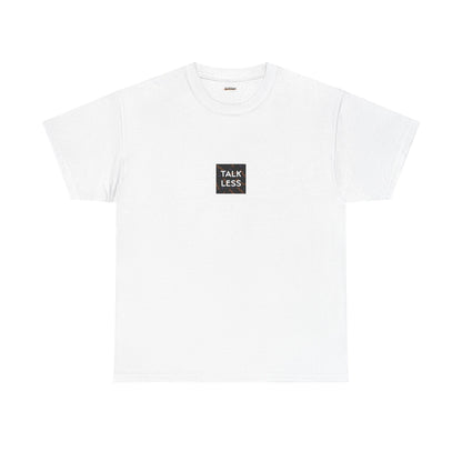 White t-shirt with a small black logo on a white background