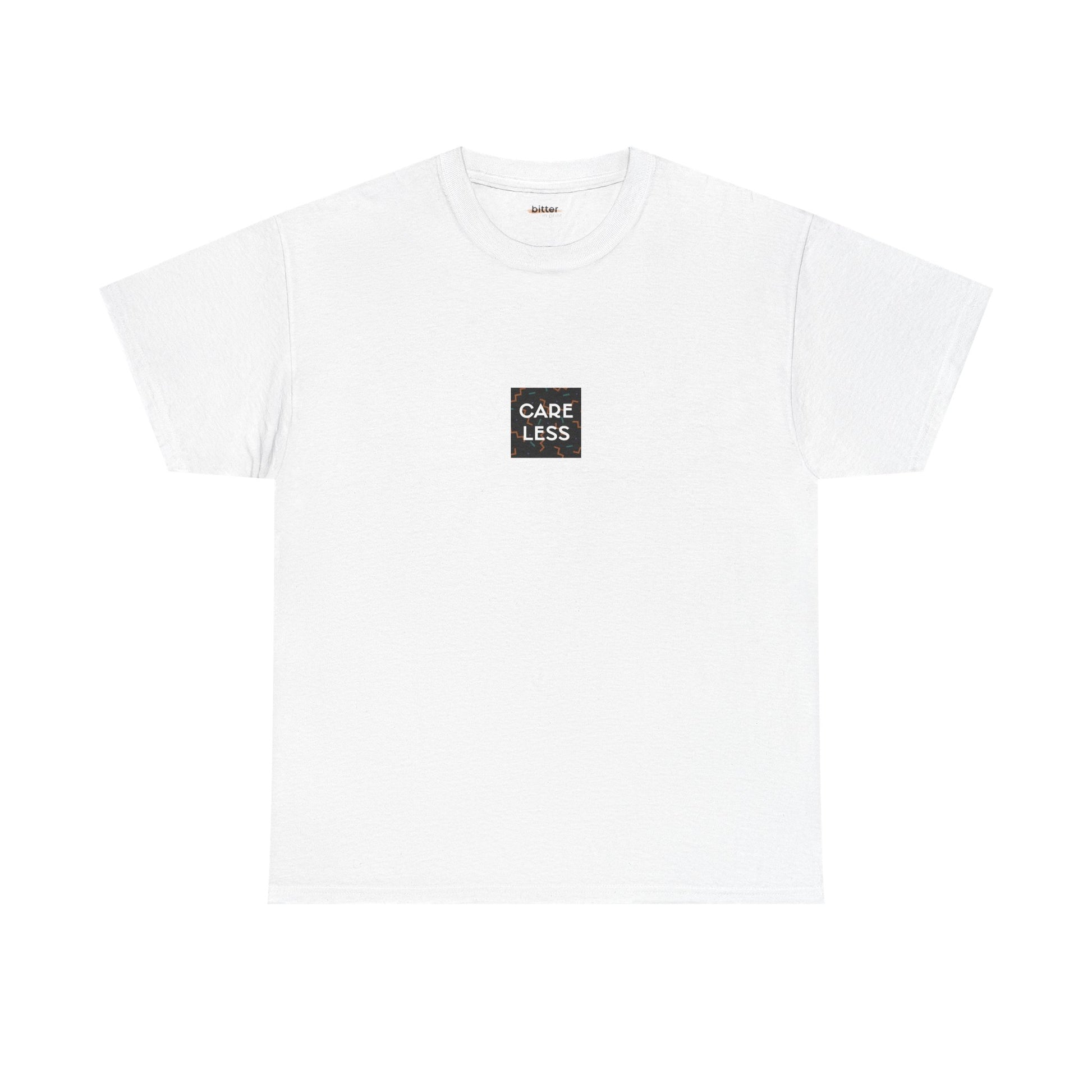 White t-shirt with a black logo on a white background