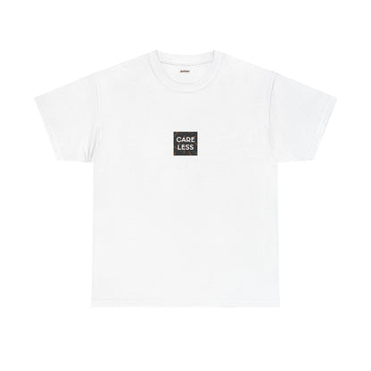 White t-shirt with a black logo on a white background